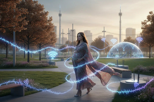 Your Daily EMF Protection Routine During Pregnancy: Simple Habits for Peace of Mind with a pregnant woman in an urban park.